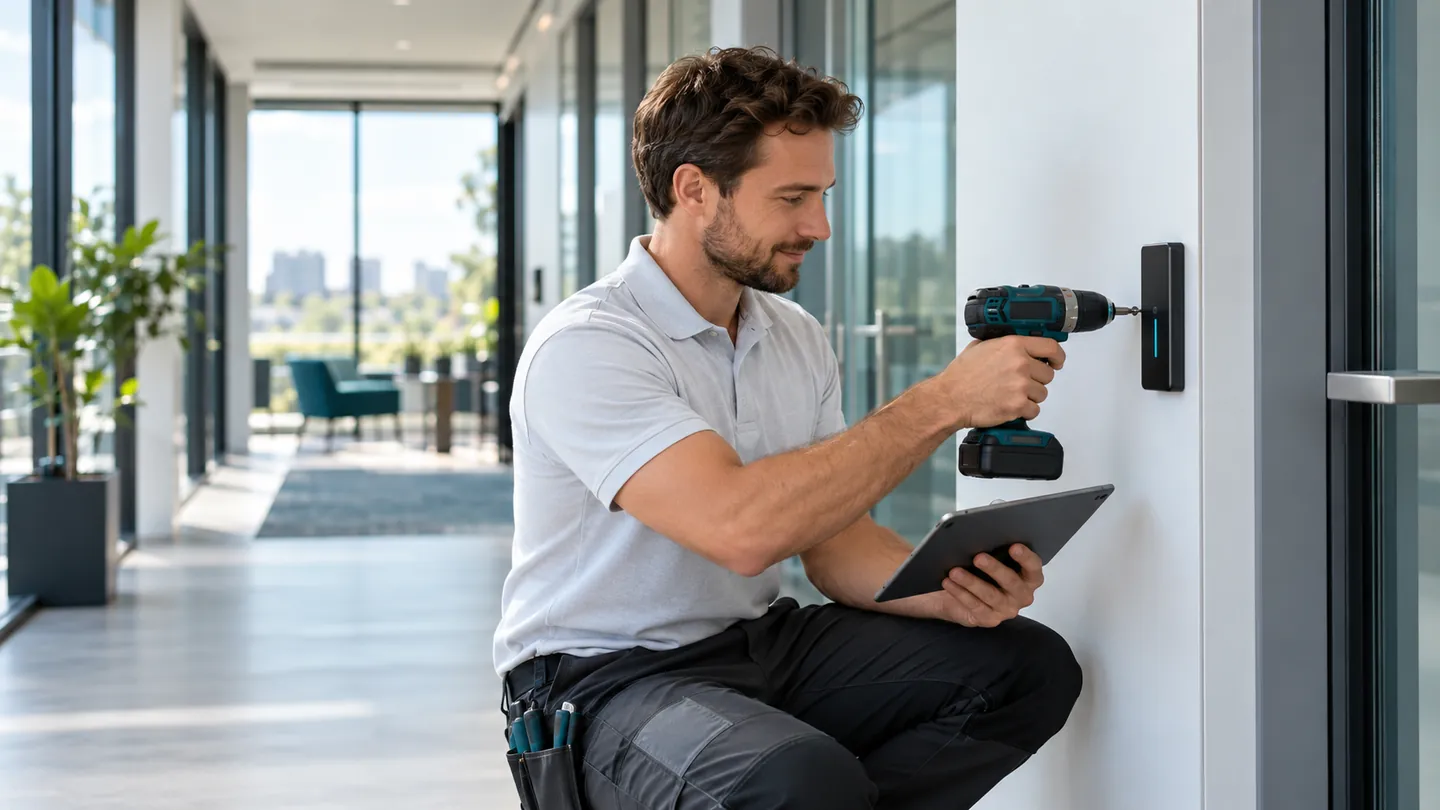 A technician installs a slim access reader on an office wall
