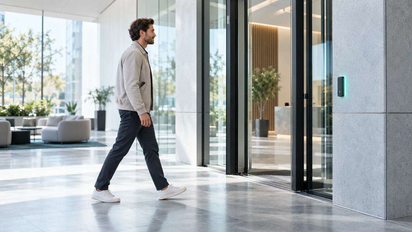 A man walks toward a glass door with his phone in his pocket as the door opens