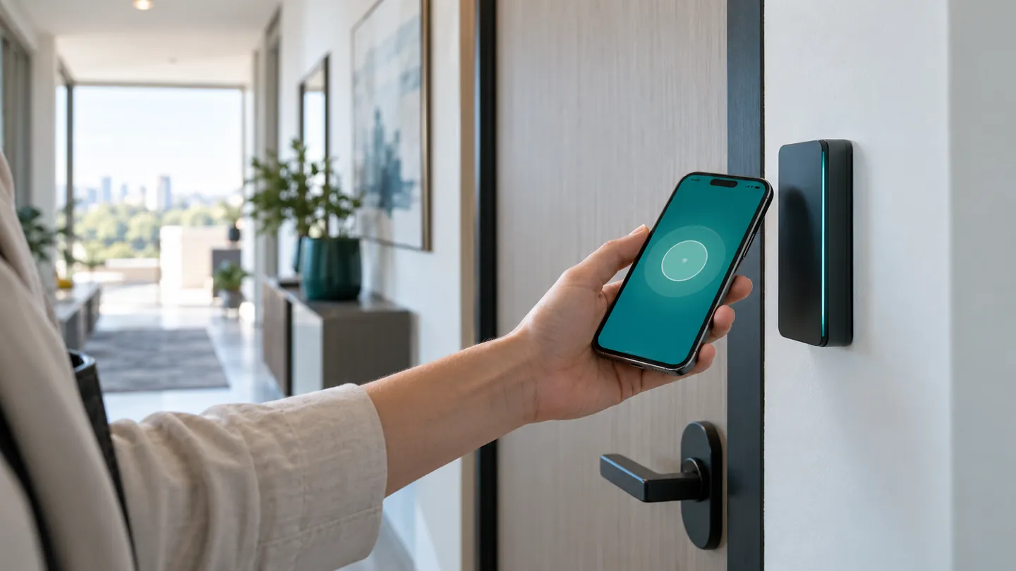 A hand holds a phone with a tap-to-unlock screen near a slim wall reader