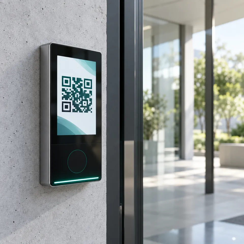 UltraPASS-Door multi-credential panel with touchscreen showing a QR code beside a glass door