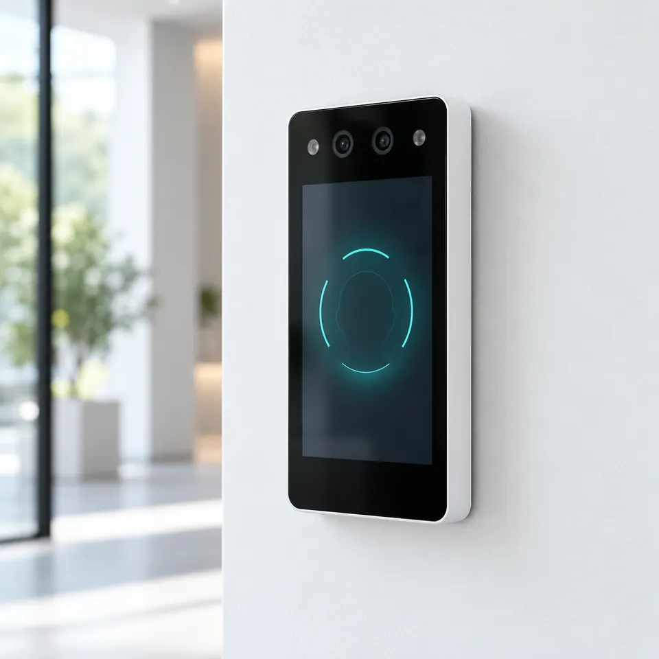 UltraPASS-Face terminal with dual cameras and a teal face-scan ring