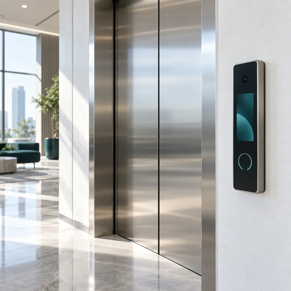 SuperPASS-Lift reader panel beside stainless steel lift doors