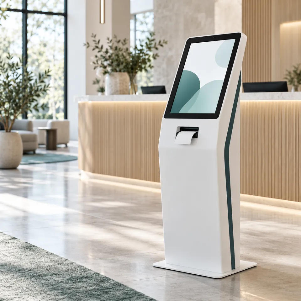 SuperPASS-Visitor kiosk with touchscreen and badge printer at a reception desk