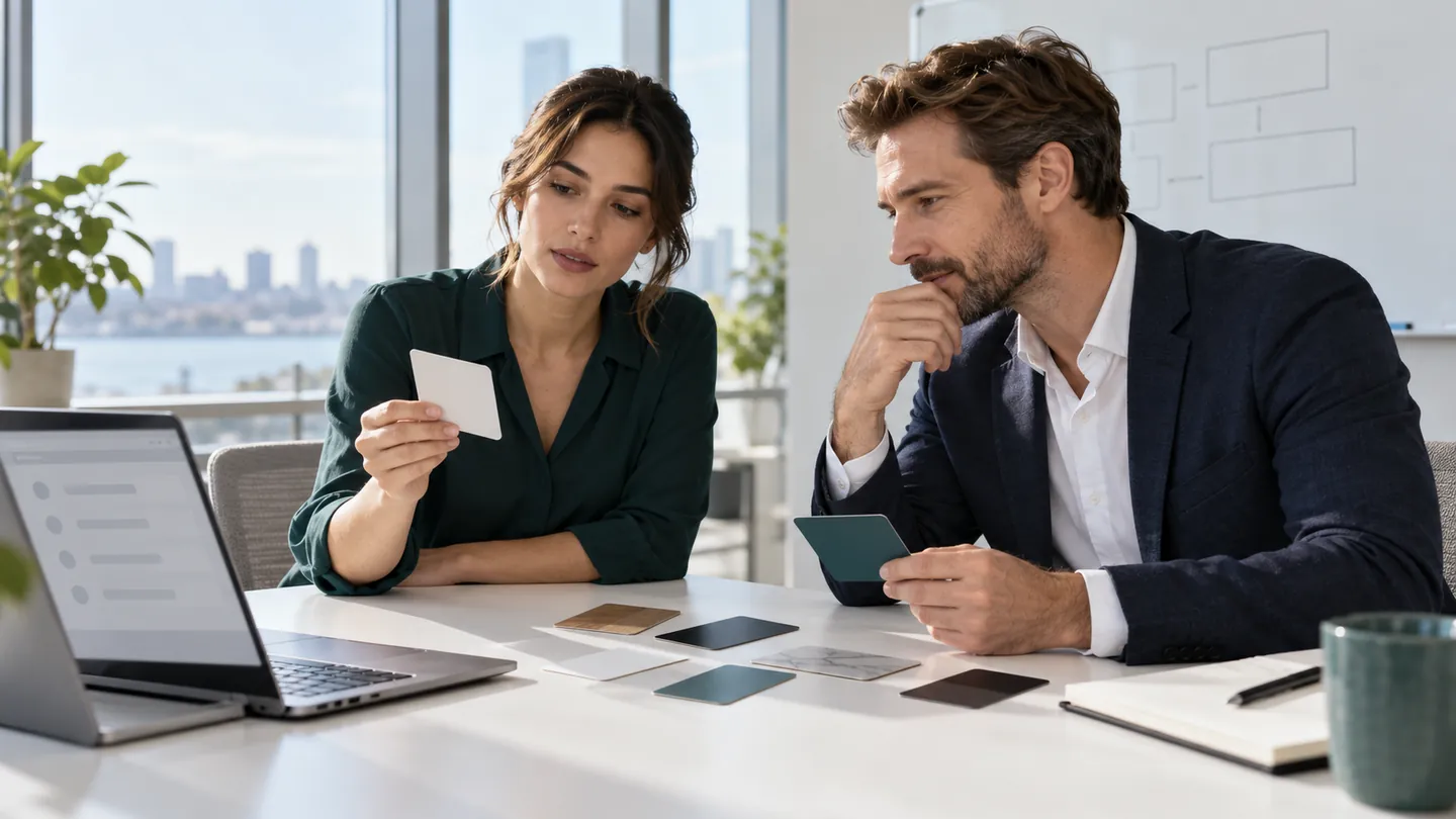 Two professionals reviewing sample access cards and a laptop at a bright table