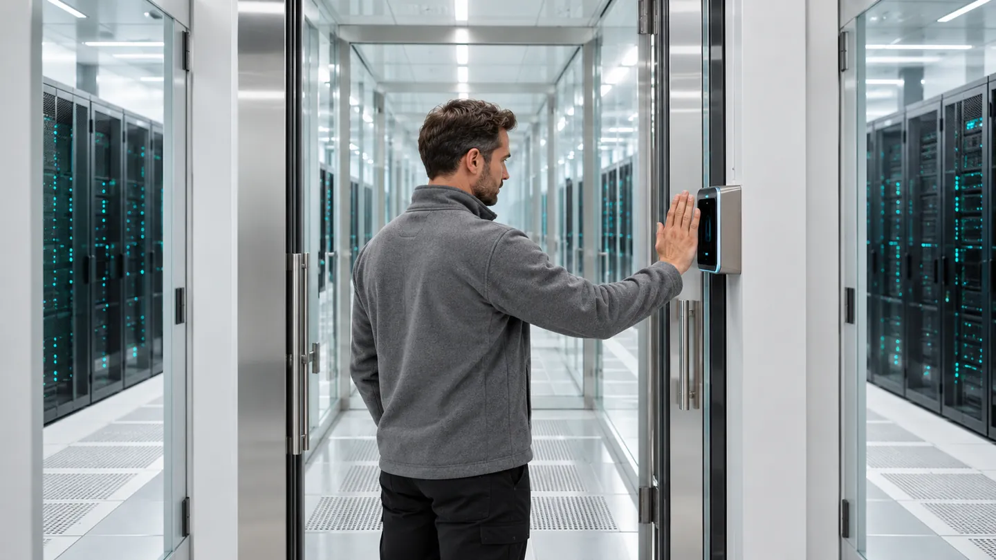 A technician presents a palm to a palm-vein scanner beside a secure door