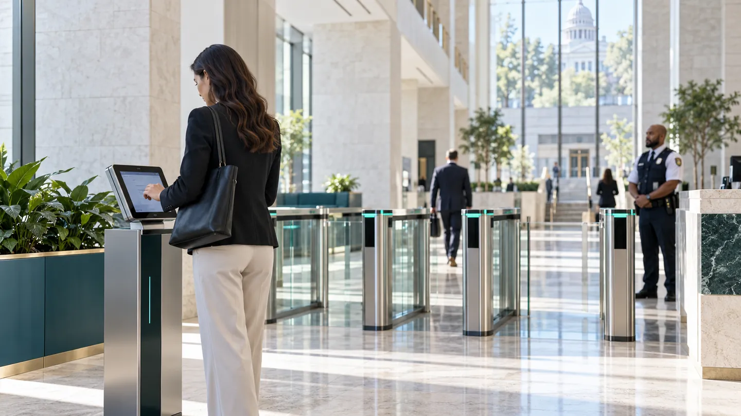 A visitor registers at a kiosk beside glass speed gates in a government building atrium
