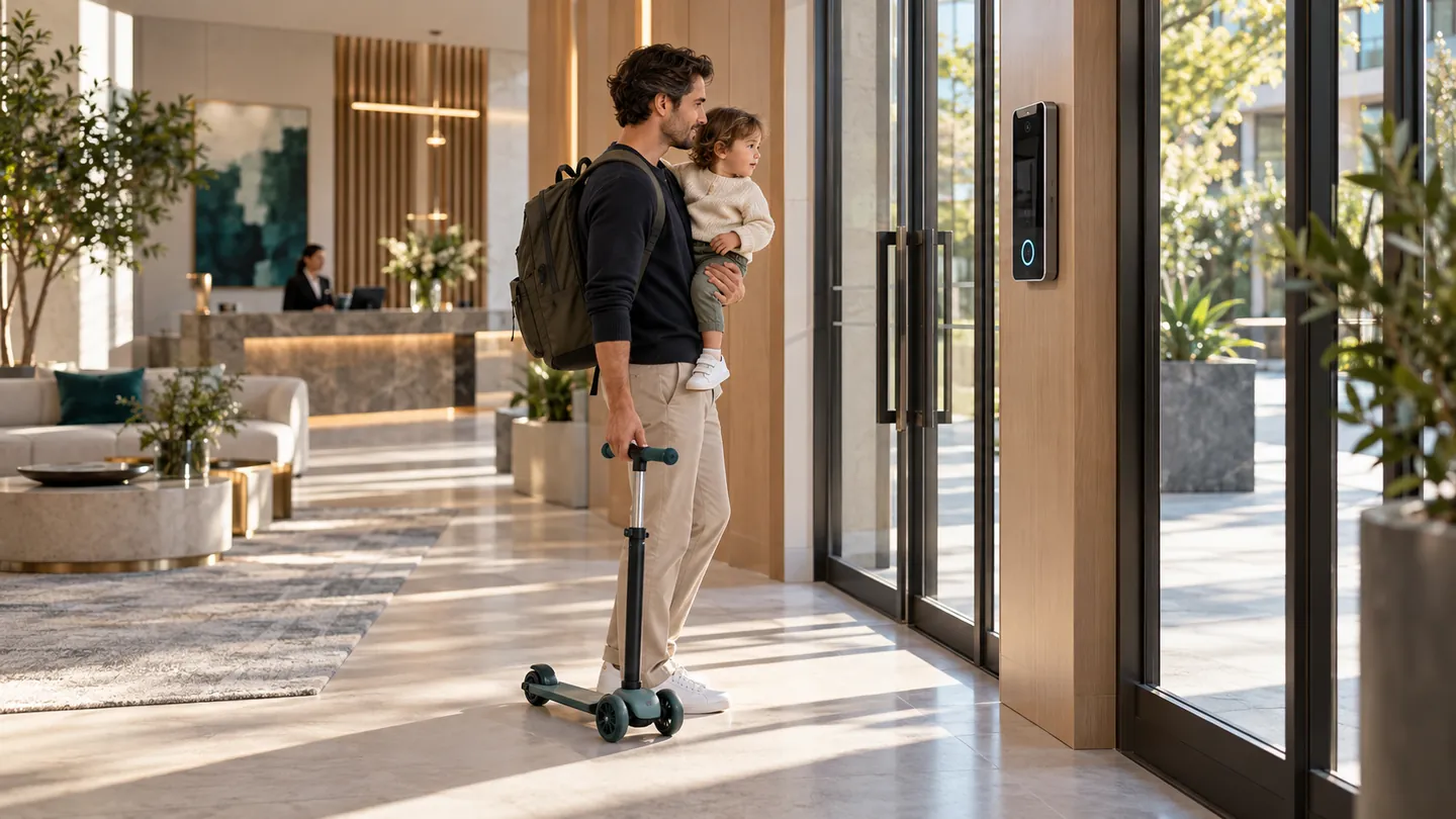 A father carrying a toddler approaches a face reader at a condominium lobby door