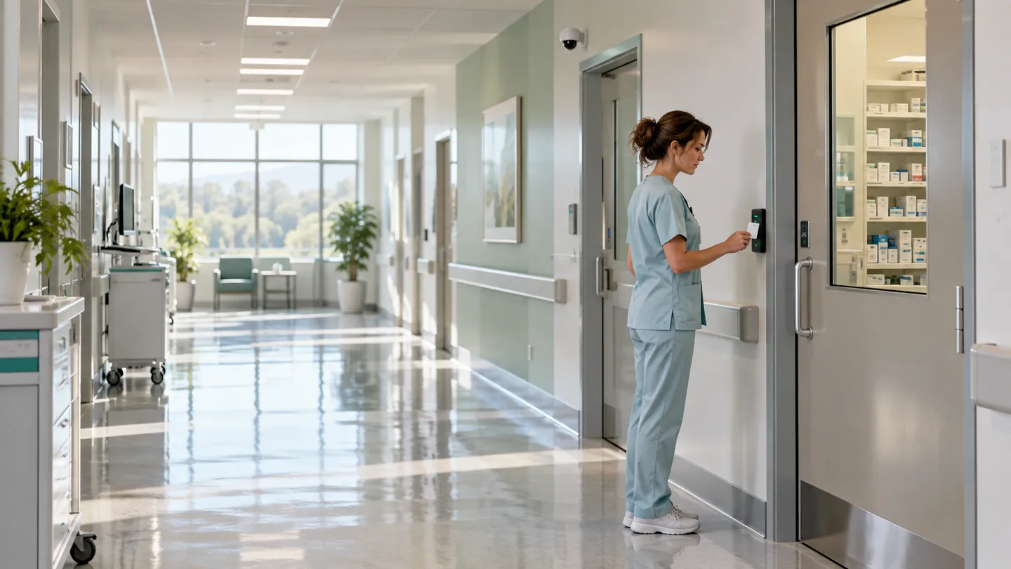A nurse holds a staff badge to an access reader beside a pharmacy door in a bright hospital corridor