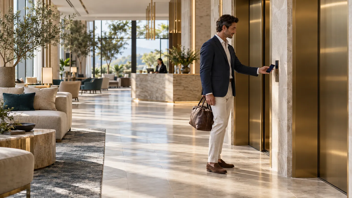 A guest holds a smartphone toward a discreet reader beside hotel lift doors