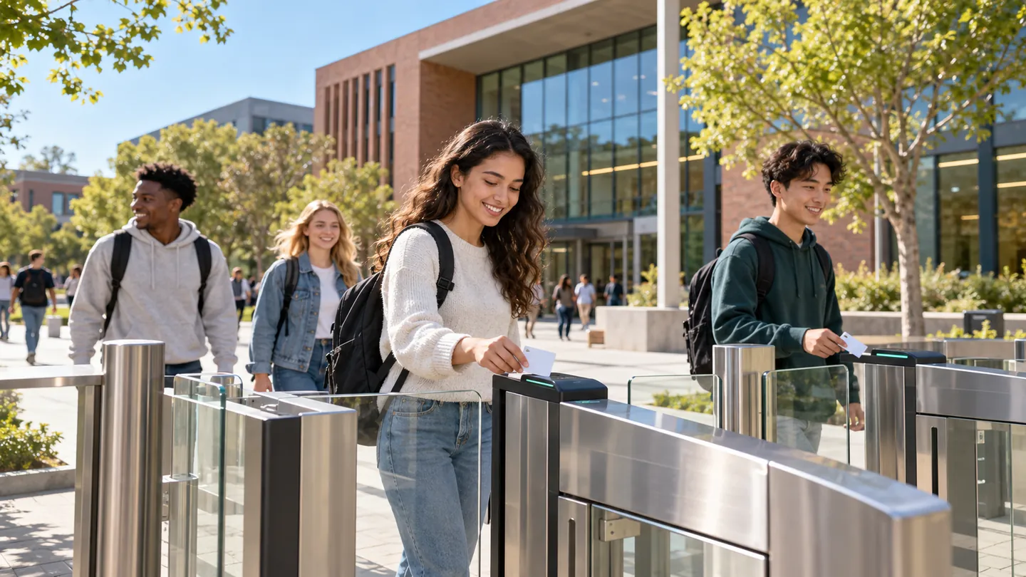 Students tap cards at a pedestrian gate on a sunny university campus