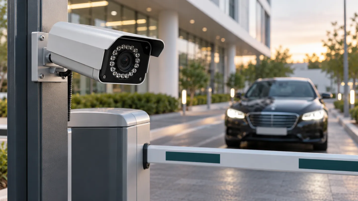 ANPR camera with infrared LEDs on a pole beside a barrier gate as a car approaches