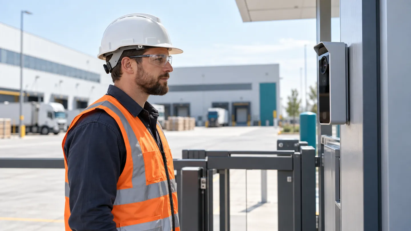 A worker in a hard hat, orange vest and safety glasses at a site entry gate