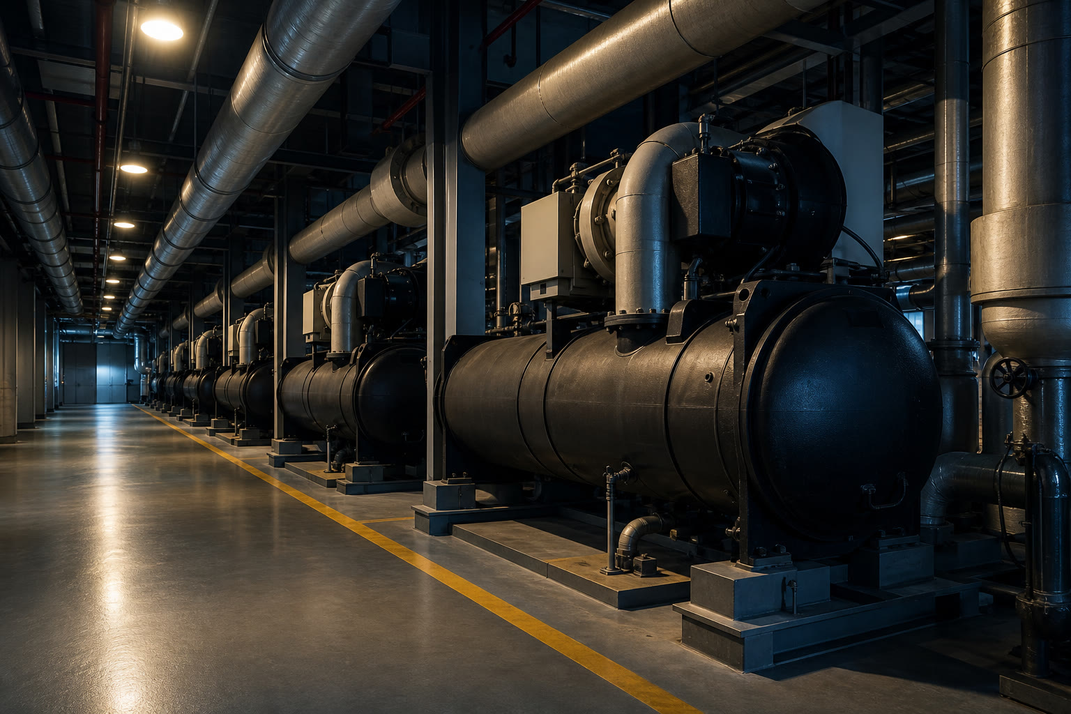 A row of large water-cooled centrifugal chillers in a plant hall, insulated headers and large-bore pipework running overhead above a marked walkway.
