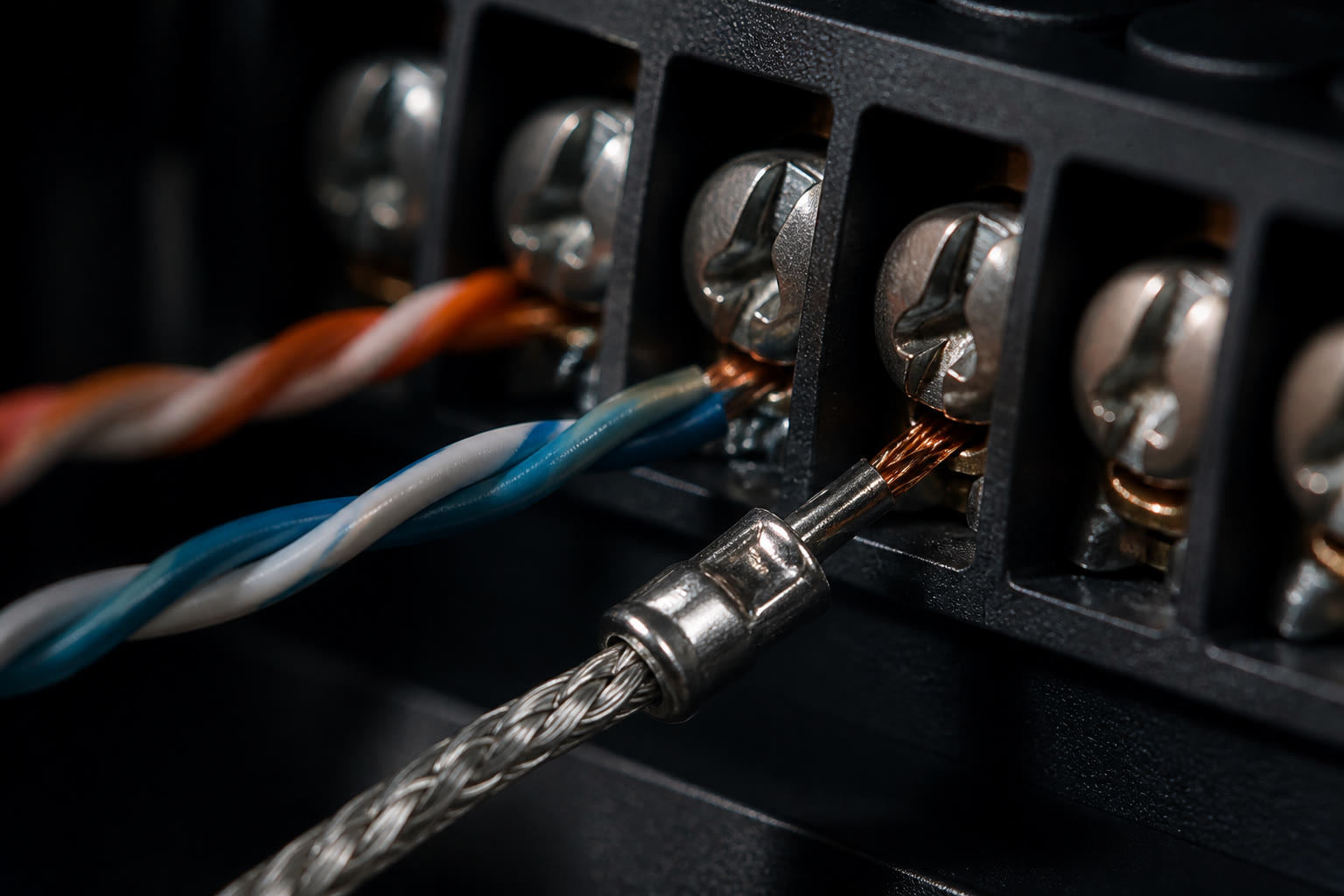 An extreme macro view of a field bus terminal strip, twisted-pair conductors landed under screw terminals with shield drains twisted neatly and a crimped ferrule catching the light.