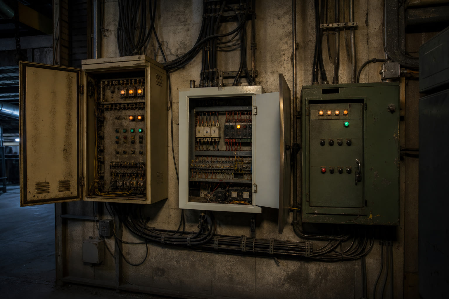 A plant room wall carrying control panels from three different decades side by side, mismatched in colour and size, with cable looms running untidily between them.