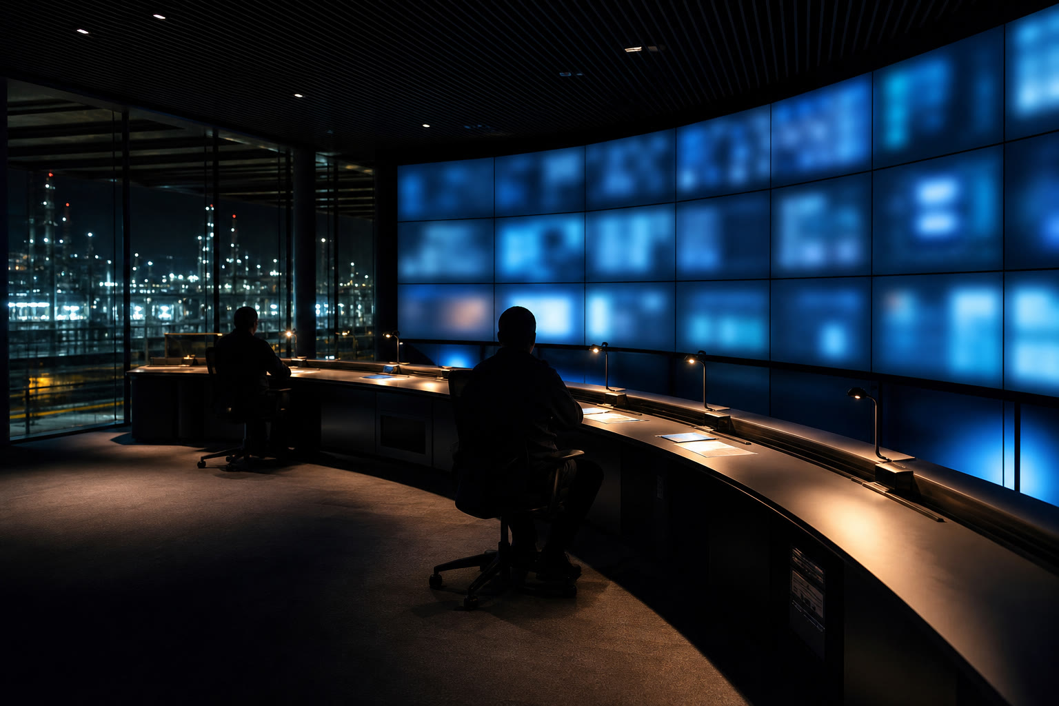 A wide building operations centre at night, a long desk facing a video wall of screens reading as indistinct blue glow, two operators in silhouette.