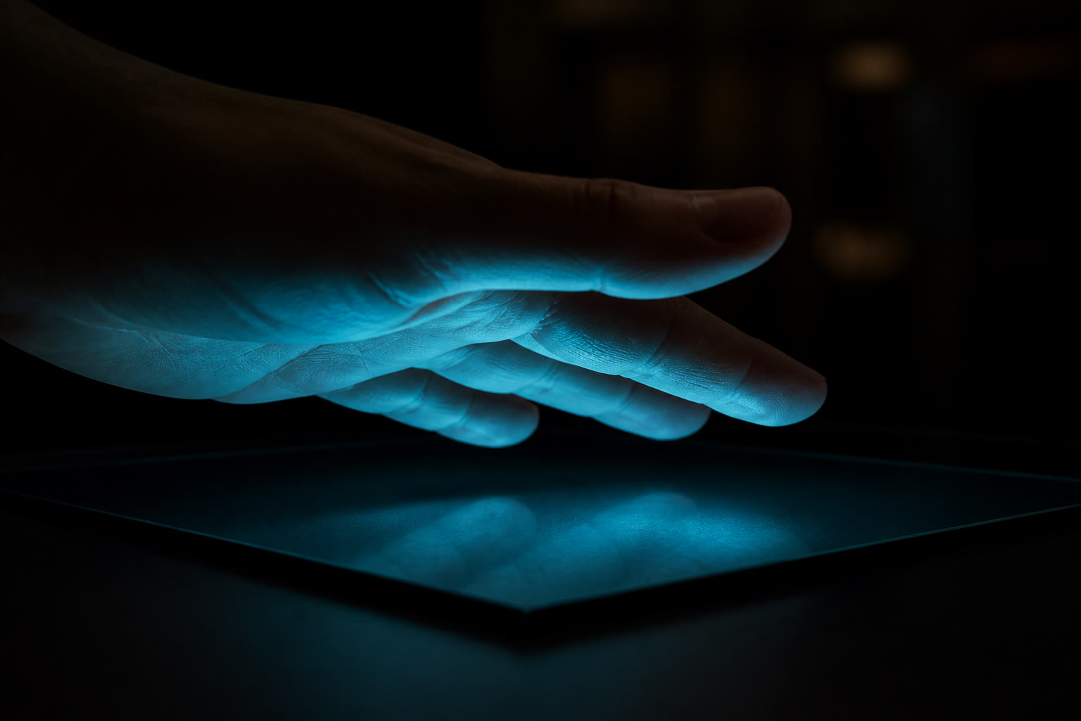 An open palm held above a plain dark glass panel in near darkness, a cool cyan glow from the panel lighting the underside of the hand.