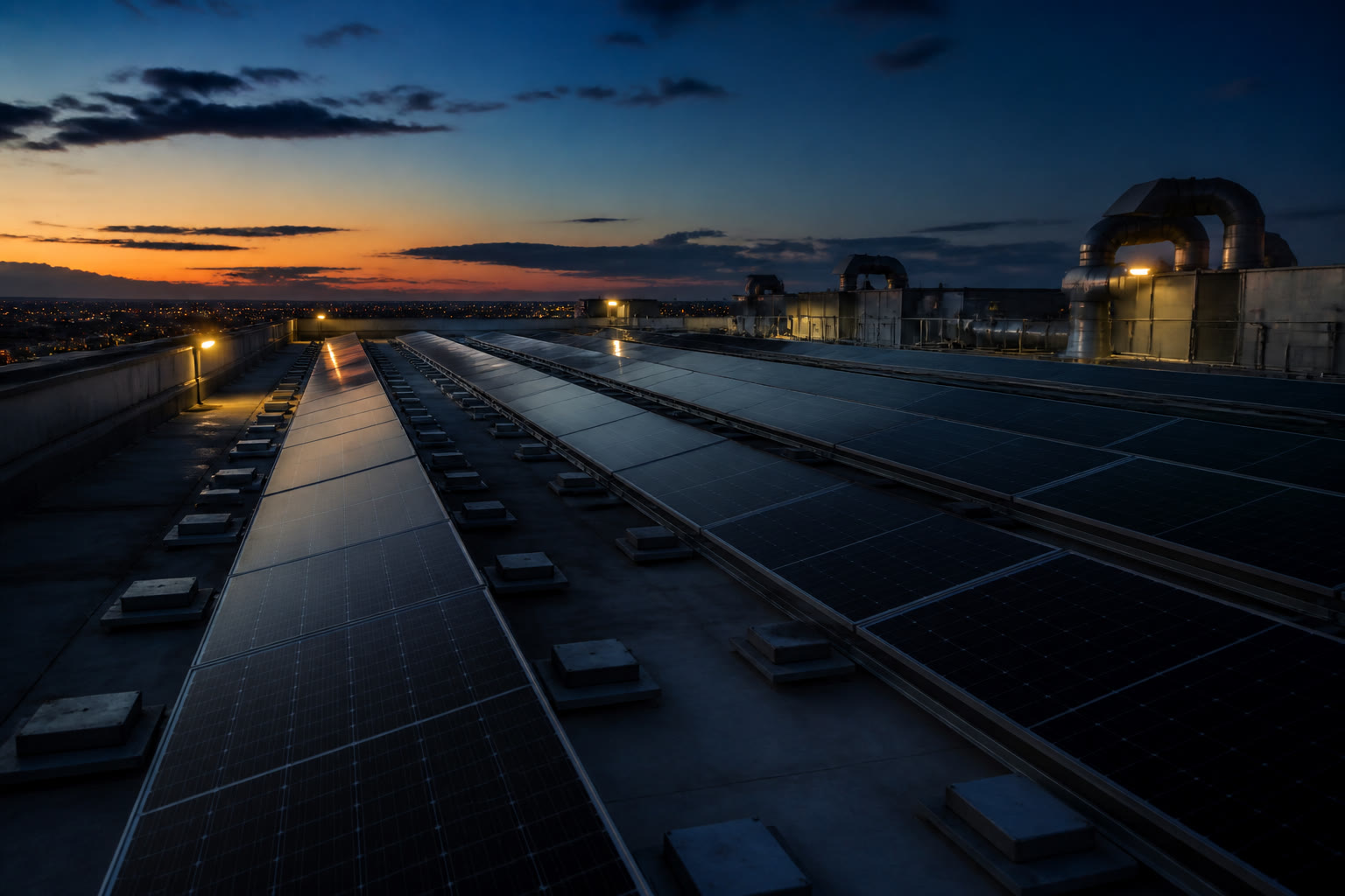 A rooftop photovoltaic array on a commercial building at dusk, long rows of dark panels on ballasted frames with plant at the far end and city glow on the horizon.